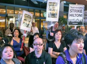 A picket line for UNITE HERE Local 2 outside the Hilton in San Francisco